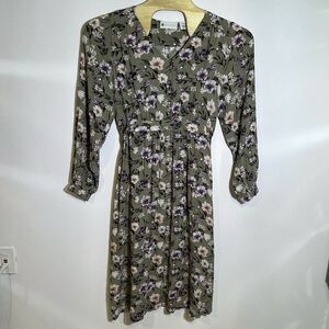 Ella Simone Women's Medium Green Purple Floral Rayon Boho Pockets Maxi Dress‎